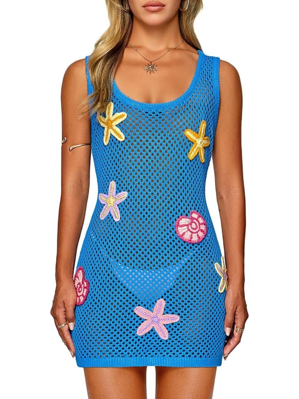 Chic Women's Crochet Beach Cover Up with 3D Starfish & Seashells - Summer Style